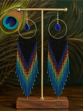Seed bead long dangle peacock feather colorful earrings w hoop boho hippy  NWOT